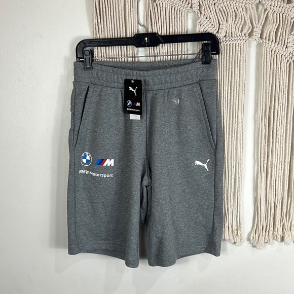 Mens Puma Small Cotton Athletic Shorts Gray pull on bmw Motorsport car logo - Picture 1 of 3